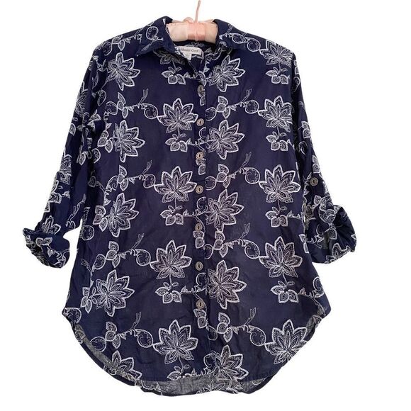 Coldwater Creek Long Sleeve Blouse Navy w/ White Floral Embroidery Petite XS 4P - Picture 1 of 4